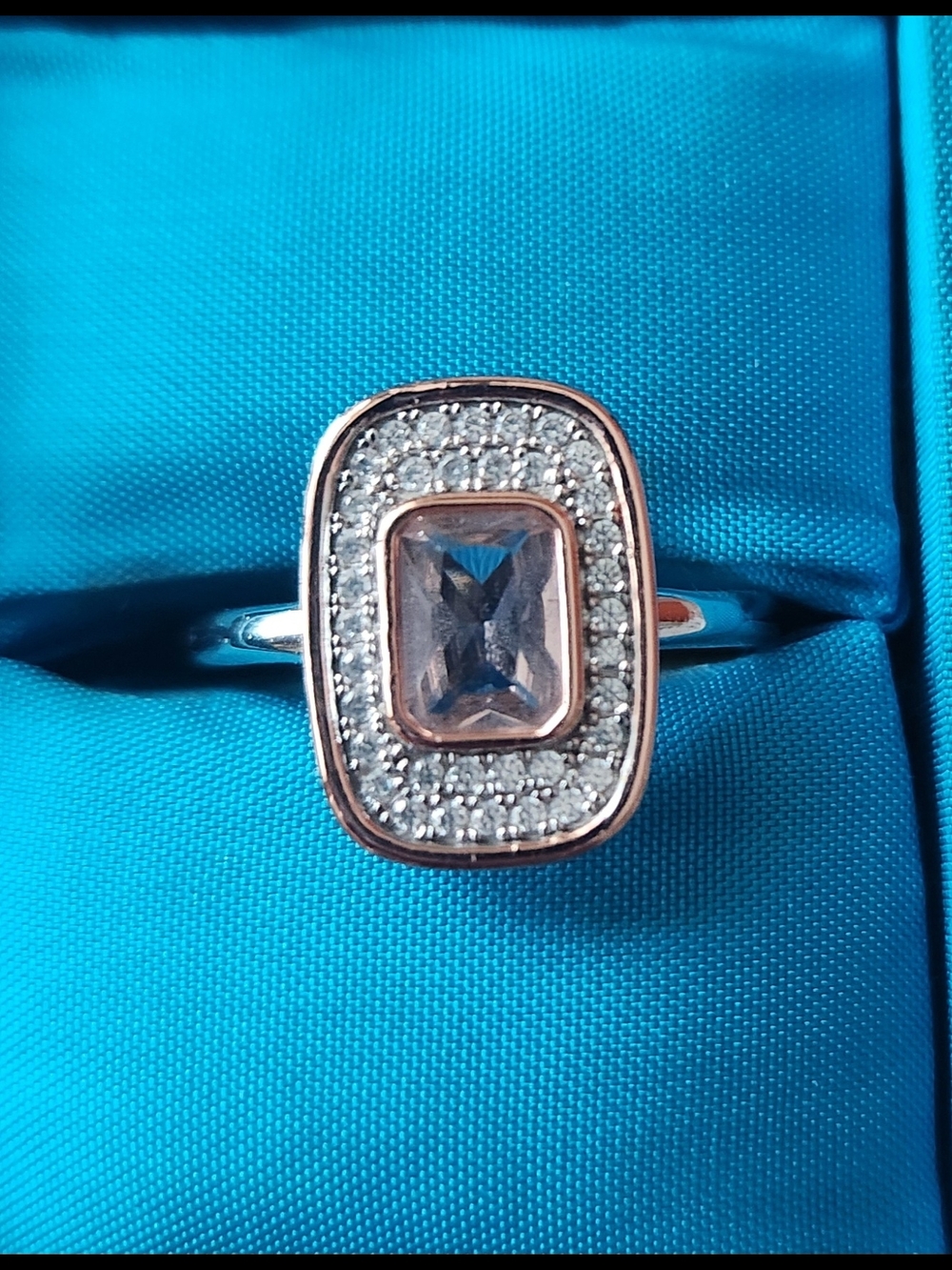 Tocara Rectangular Halo Rose Gold & Silver Ring with Clear Center Stone